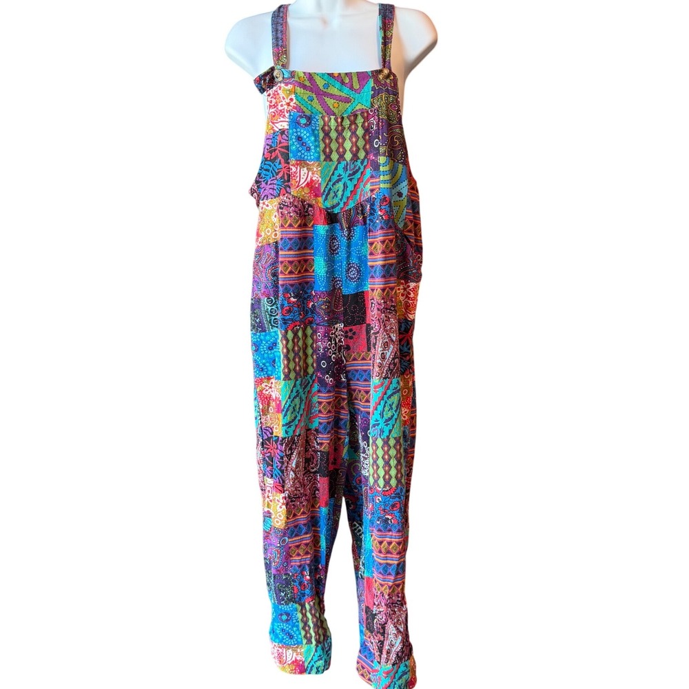 Patchwork Harem Overalls Womens Size Large Boho Hippie Festival Jumpsuit Romper